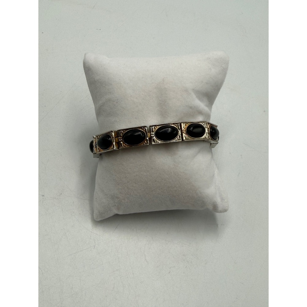 Vintage Magnetic Link Bracelet Black Cabochon Silver Tone Therapy Jewelry 8.25"